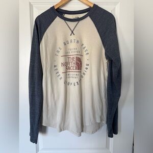 The North Face Cream & Blue Raglan Logo Long Sleeve
